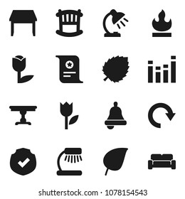 Flat vector icon set - bell vector, table lamp, certificate, leaf, tulip, protected, flammable, equalizer, redo, crib, cushioned furniture