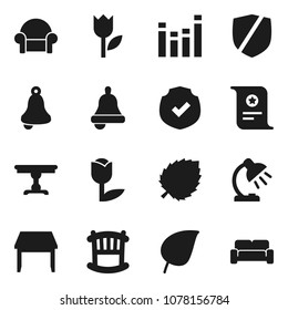 Flat vector icon set - bell vector, table lamp, certificate, leaf, tulip, protected, equalizer, crib, cushioned furniture