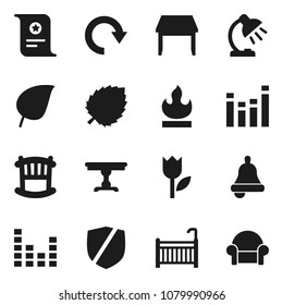Flat vector icon set - bell vector, table lamp, certificate, leaf, tulip, protected, flammable, equalizer, redo, crib, cushioned furniture