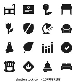 Flat vector icon set - bell vector, table lamp, certificate, leaf, tulip, protected, flammable, equalizer, crib, cushioned furniture