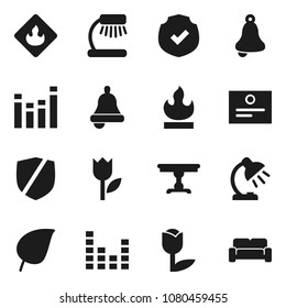 Flat vector icon set - bell vector, table lamp, certificate, leaf, tulip, protected, flammable, equalizer, cushioned furniture