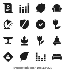 Flat vector icon set - bell vector, table lamp, certificate, leaf, tulip, protected, flammable, equalizer, cushioned furniture