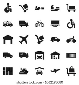 Flat vector icon set - bike vector, plane, ship, truck trailer, sea container, delivery, car, port, consolidated cargo, warehouse, disabled, amkbulance, garage, relocation, trolley