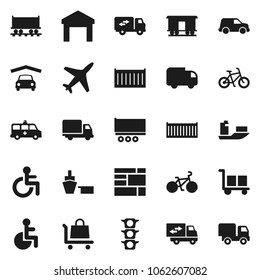 Flat vector icon set - bike vector, Railway carriage, plane, traffic light, ship, truck trailer, sea container, delivery, car, port, consolidated cargo, warehouse, disabled, amkbulance, garage