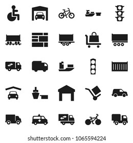 Flat vector icon set - bike vector, Railway carriage, traffic light, ship, truck trailer, sea container, delivery, car, port, consolidated cargo, warehouse, disabled, amkbulance, garage, relocation