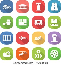 flat vector icon set - bike vector, airport building, tower, road, port, consolidated cargo, railroad shipping, transporter tape, pallet, plane, motorcycle, baggage checking, helicopter, conveyor