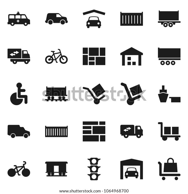 Flat vector icon set - bike vector, Railway\
carriage, traffic light, truck trailer, sea container, car, port,\
consolidated cargo, warehouse, disabled, amkbulance, garage,\
relocation, trolley