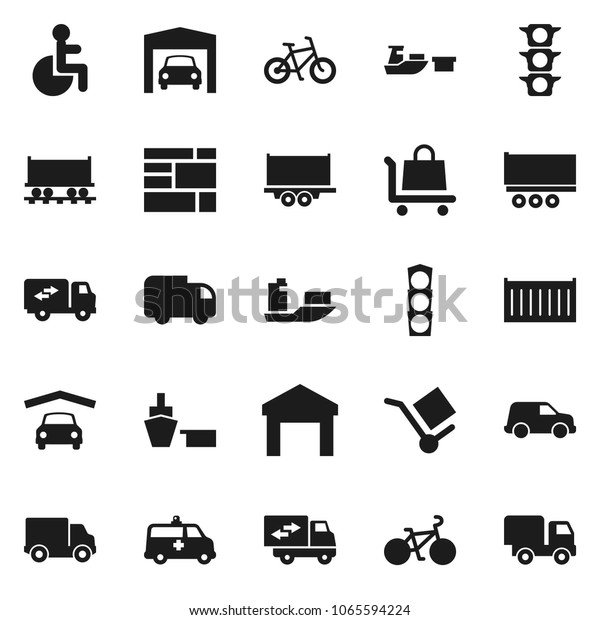 Flat vector icon set - bike vector, Railway\
carriage, traffic light, ship, truck trailer, sea container,\
delivery, car, port, consolidated cargo, warehouse, disabled,\
amkbulance, garage,\
relocation