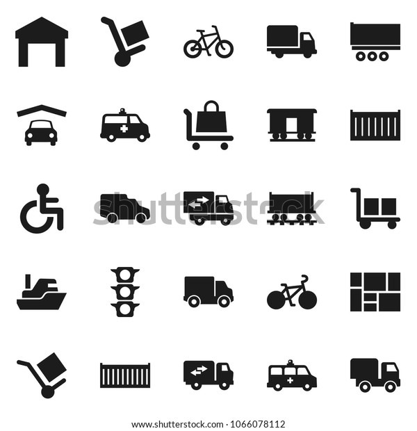 Flat vector icon set - bike vector, Railway\
carriage, traffic light, ship, truck trailer, sea container,\
delivery, car, consolidated cargo, warehouse, disabled, amkbulance,\
garage, relocation