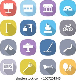 flat vector icon set - billboard vector, market, dome house, outdoor light, loading, flammable, bike, tent, restaurant, rake, sickle, farm fence, blower, garden cleaning