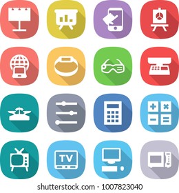 flat vector icon set - billboard vector, presentation, touch, notebook globe, smart bracelet, glasses, market scales, equalizer, calculator, tv, computer, microwave oven
