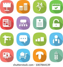 flat vector icon set - billboard vector, coin stack, 24 7, calendar, newspaper, structure, recipe, unlock, tower crane, sms, sorting, workman, trailer, baggage trolley, mushroom, spike