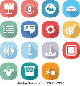 flat vector icon set - billboard vector, battery charge, pregnancy, hangare, brick wall, location details, sun, pan, magnetic field, laser, rocket start, cutting board, corn, trash bin