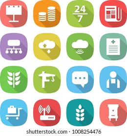 flat vector icon set - billboard vector, coin stack, 24 7, newspaper, structure, cloud service, wireless, recipe, spikelets, tower crane, sms, workman, baggage trolley, router, spike, hive