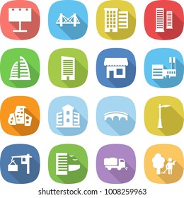 flat vector icon set - billboard vector, bridge, houses, skyscrapers, skyscraper, shop, mall, modern architecture, building, outdoor light, loading, hotel, sweeper, garden cleaning