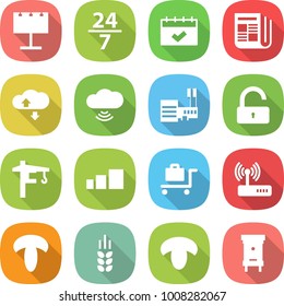 flat vector icon set - billboard vector, 24 7, calendar, newspaper, cloud service, wireless, mall, unlock, tower crane, sorting, baggage trolley, router, mushroom, spike, hive