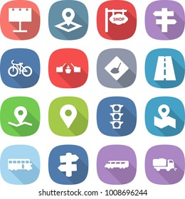 flat vector icon set - billboard vector, pointer, shop signboard, singlepost, bike, drawbridge, under construction, road, geo pin, traffic light, map, bus, signpost, speed train, sweeper