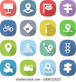 flat vector icon set - billboard vector, pointer, shop signboard, singlepost, bike, under construction, outdoor light, geo pin, map, route, traffic, train, signpost