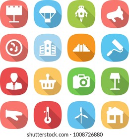 flat vector icon set - billboard vector, parachute, jet robot, megafon, microbe, building, pyramid, repair, client, basket, camera, floor lamp, cook glove, thermometer, windmill, house