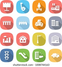 flat vector icon set - billboard vector, gyroscooter, hoverboard, store, bridge, modern architecture, district, city, house, outdoor light, office, traffic, escalator, hotel, trash truck