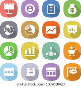 flat vector icon set - billboard vector, target audience, clipboard, money bag, circle diagram, statistics, presentation, graph up, add to cart, market, shopping list, store signboard