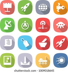 flat vector icon set - billboard vector, rocket, globe, satellite, antenna, laser, ufo, shopping list, label, mortar, photo, start, lunar rover