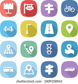flat vector icon set - billboard vector, shop signboard, singlepost, bike, bridge, outdoor light, road, geo pin, map, route, traffic, bus, signpost, speed train