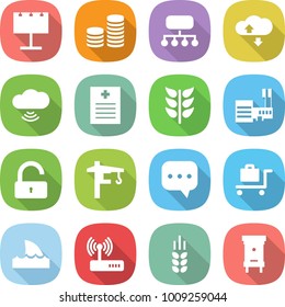flat vector icon set - billboard vector, coin stack, structure, cloud service, wireless, recipe, spikelets, mall, unlock, tower crane, sms, baggage trolley, shark flipper, router, spike, hive