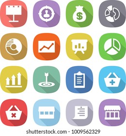 flat vector icon set - billboard vector, target audience, money bag, circle diagram, statistics, presentation, graph up, clipboard, add to basket, delete cart, market, shopping list
