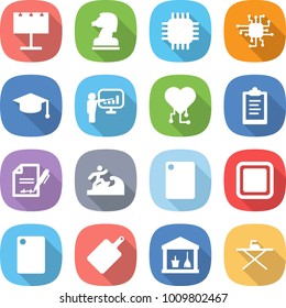 flat vector icon set - billboard vector, chess horse, chip, graduate hat, presentation, cardio, clipboard, inventory, surfer, cutting board, utility room, iron