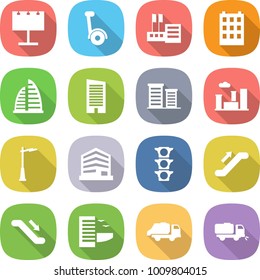 flat vector icon set - billboard vector, gyroscooter, store, building, skyscraper, district, city, outdoor light, office, traffic, escalator, hotel, trash truck, sweeper