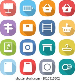 flat vector icon set - billboard vector, battery, remove from basket, delete cart, singlepost, package box, rack, photo, ring button, table, hanger, cutting board, plates