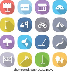 flat vector icon set - billboard vector, market, dome house, outdoor light, loading, bike, tent, restaurant, golf, rake, sickle, farm fence, garden cleaning