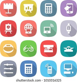 flat vector icon set - billboard vector, presentation, calculator, touch, notebook globe, wireless, smart watch, bracelet, glasses, market scales, equalizer, mobile phone, computer