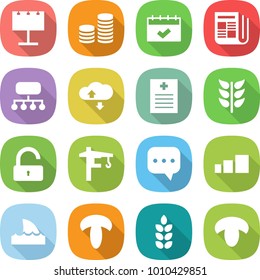 flat vector icon set - billboard vector, coin stack, calendar, newspaper, structure, cloud service, recipe, spikelets, unlock, tower crane, sms, sorting, shark flipper, mushroom, spike