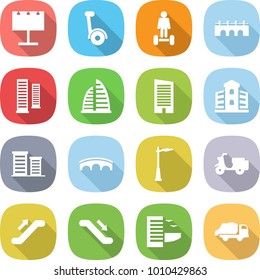 flat vector icon set - billboard vector, gyroscooter, hoverboard, bridge, skyscrapers, skyscraper, building, district, outdoor light, scooter shipping, escalator, hotel, trash truck