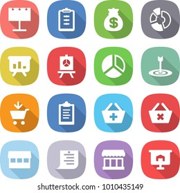 flat vector icon set - billboard vector, clipboard, money bag, circle diagram, presentation, target, add to cart, basket, delete, market, shopping list