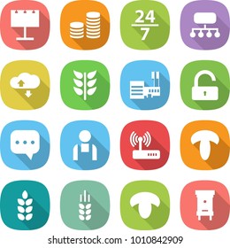 flat vector icon set - billboard vector, coin stack, 24 7, structure, cloud service, spikelets, mall, unlock, sms, workman, router, mushroom, spike, hive