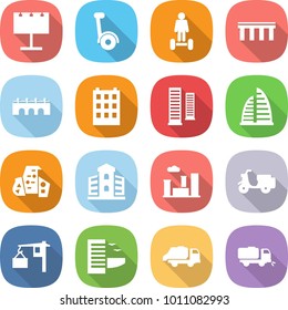 flat vector icon set - billboard vector, gyroscooter, hoverboard, bridge, building, skyscrapers, skyscraper, modern architecture, city, scooter shipping, loading, hotel, trash truck, sweeper
