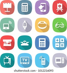 flat vector icon set - billboard vector, calculator, touch, presentation, notebook wireless, smart watch, bracelet, glasses, market scales, tv, mobile phone, microwave oven