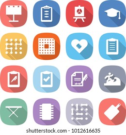 flat vector icon set - billboard vector, clipboard, presentation, graduate hat, chip, cpu, pacemaker, pen, check, inventory, surfer, iron board, circuit, cutting