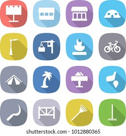 flat vector icon set - billboard vector, market, dome house, outdoor light, loading, flammable, bike, tent, palm, restaurant, golf, sickle, farm fence, rake