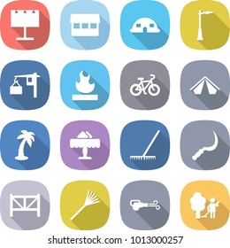 flat vector icon set - billboard vector, market, dome house, outdoor light, loading, flammable, bike, tent, palm, restaurant, rake, sickle, farm fence, blower, garden cleaning