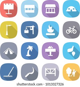 flat vector icon set - billboard vector, market, dome house, outdoor light, loading, flammable, bike, tent, palm, restaurant, golf, rake, sickle, farm fence, garden cleaning