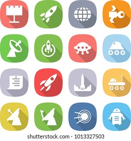 flat vector icon set - billboard vector, rocket, globe, satellite, antenna, ufo, lunar rover, shopping list, start, robot