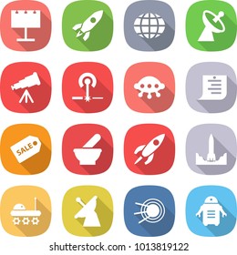 flat vector icon set - billboard vector, rocket, globe, satellite antenna, telescope, laser, ufo, shopping list, sale label, mortar, start, lunar rover, robot