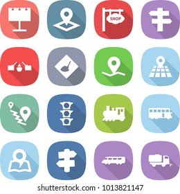 flat vector icon set - billboard vector, pointer, shop signboard, singlepost, drawbridge, under construction, geo pin, map, route, traffic light, train, bus, signpost, speed, sweeper