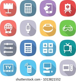 flat vector icon set - billboard vector, calculator, touch, presentation, notebook globe, smart watch, bracelet, glasses, equalizer, tv, mobile phone, computer, microwave oven