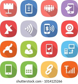 flat vector icon set - billboard vector, clipboard, team, touch, satellite antenna, wireless, phone pay, web cam, support manager, mobile checking, data transfer, sim card, link, signal