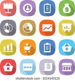 flat vector icon set - billboard vector, target audience, clipboard, money bag, circle diagram, statistics, presentation, graph up, add to cart, basket, delete, market, shopping list